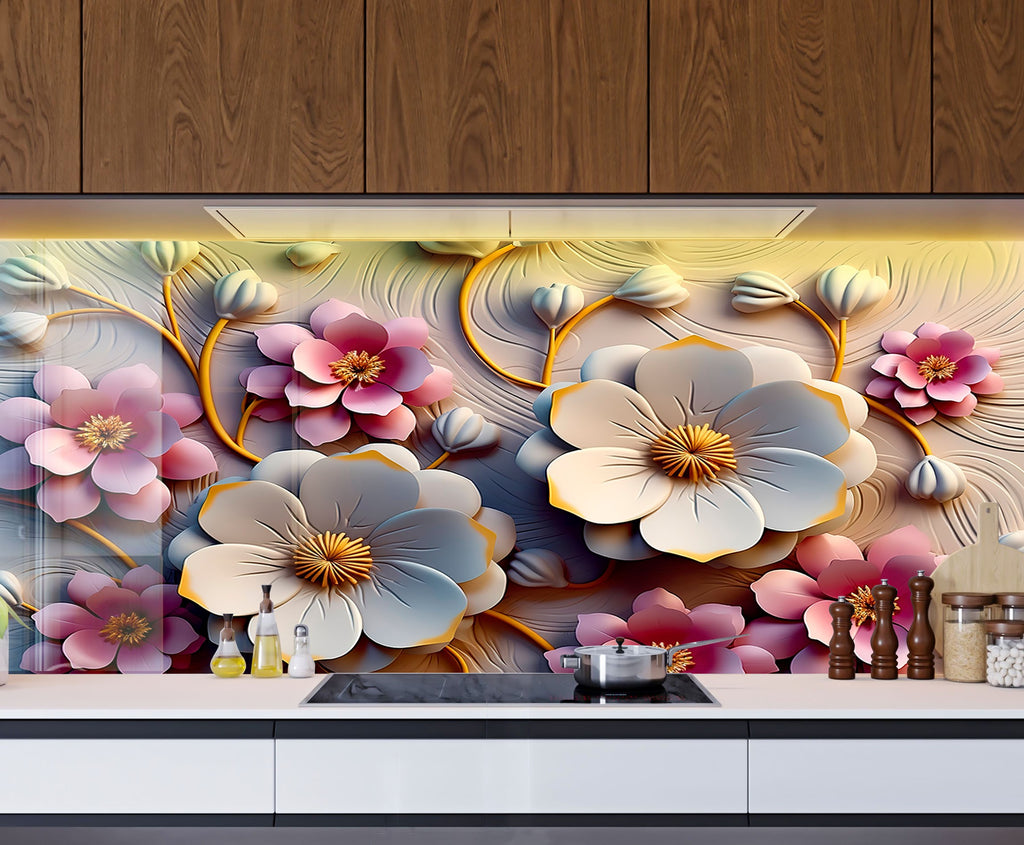 Blush & Ivory Floral Elegance - Glass Kitchen Backsplash-BacksplashArtworks