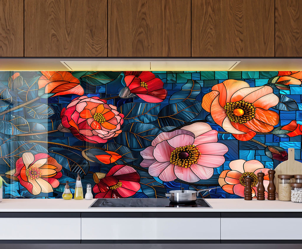 Stained Glass Floral Art - Glass Kitchen Backsplash-BacksplashArtworks