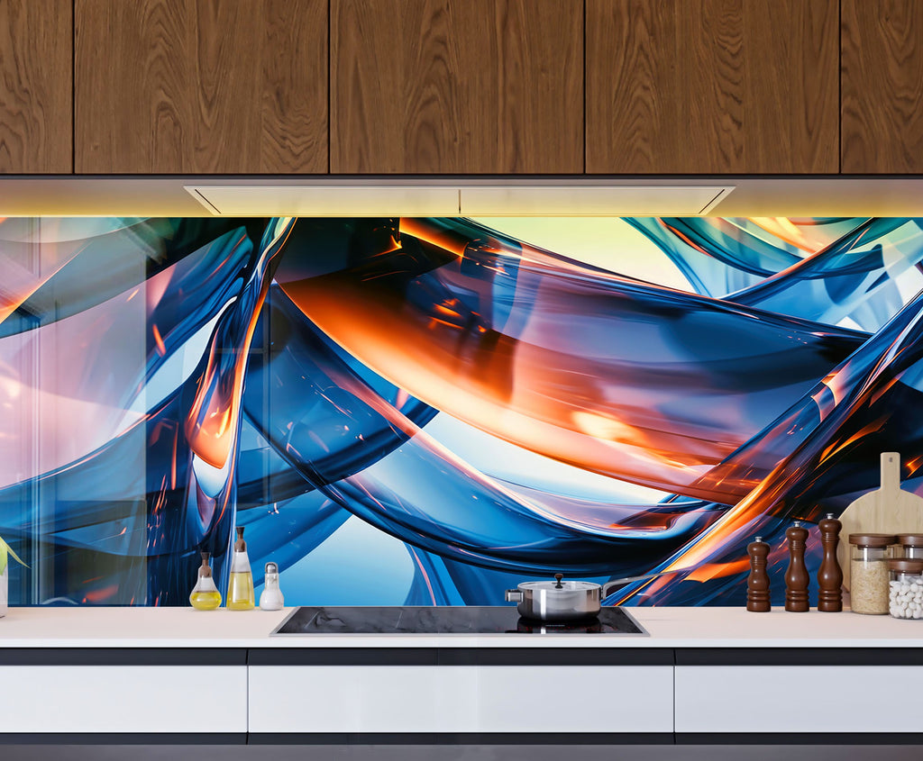 Blue Abstract Elegance – Glass Kitchen Backsplash-BacksplashArtworks