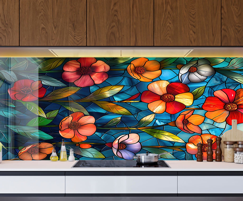 Stained Glass Garden - Glass Kitchen Backsplash-BacksplashArtworks