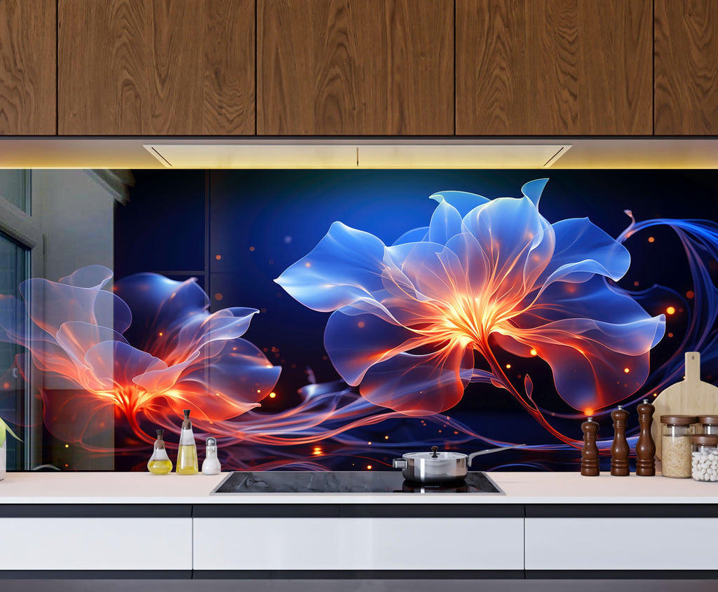 Glowing Neon Floral Art - Glass Kitchen Backsplash-BacksplashArtworks
