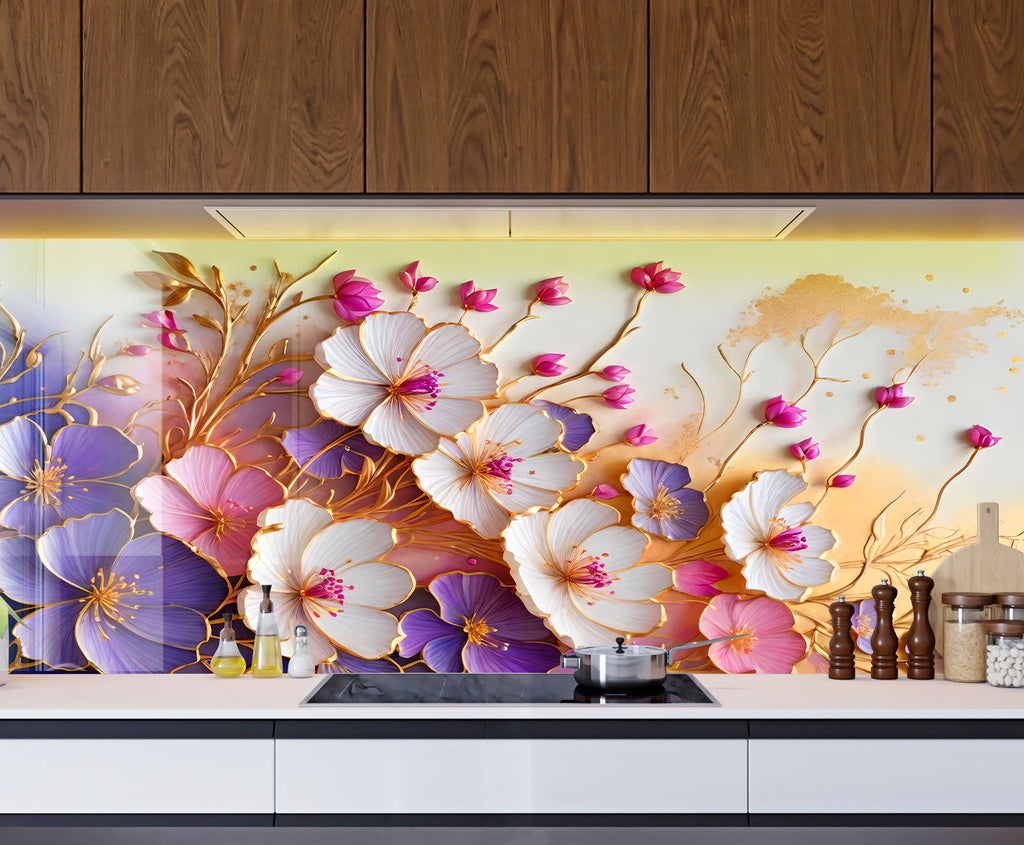 Golden Blossom Elegance - Glass Kitchen Backsplash-BacksplashArtworks