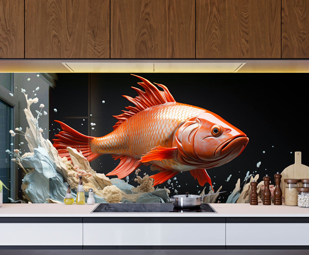 Golden Fish – Glass Kitchen Backsplash-BacksplashArtworks