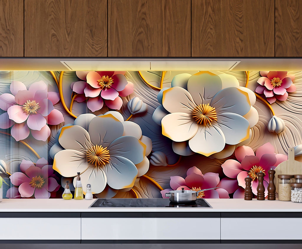 Soft Bloom Elegance - Glass Kitchen Backsplash-BacksplashArtworks