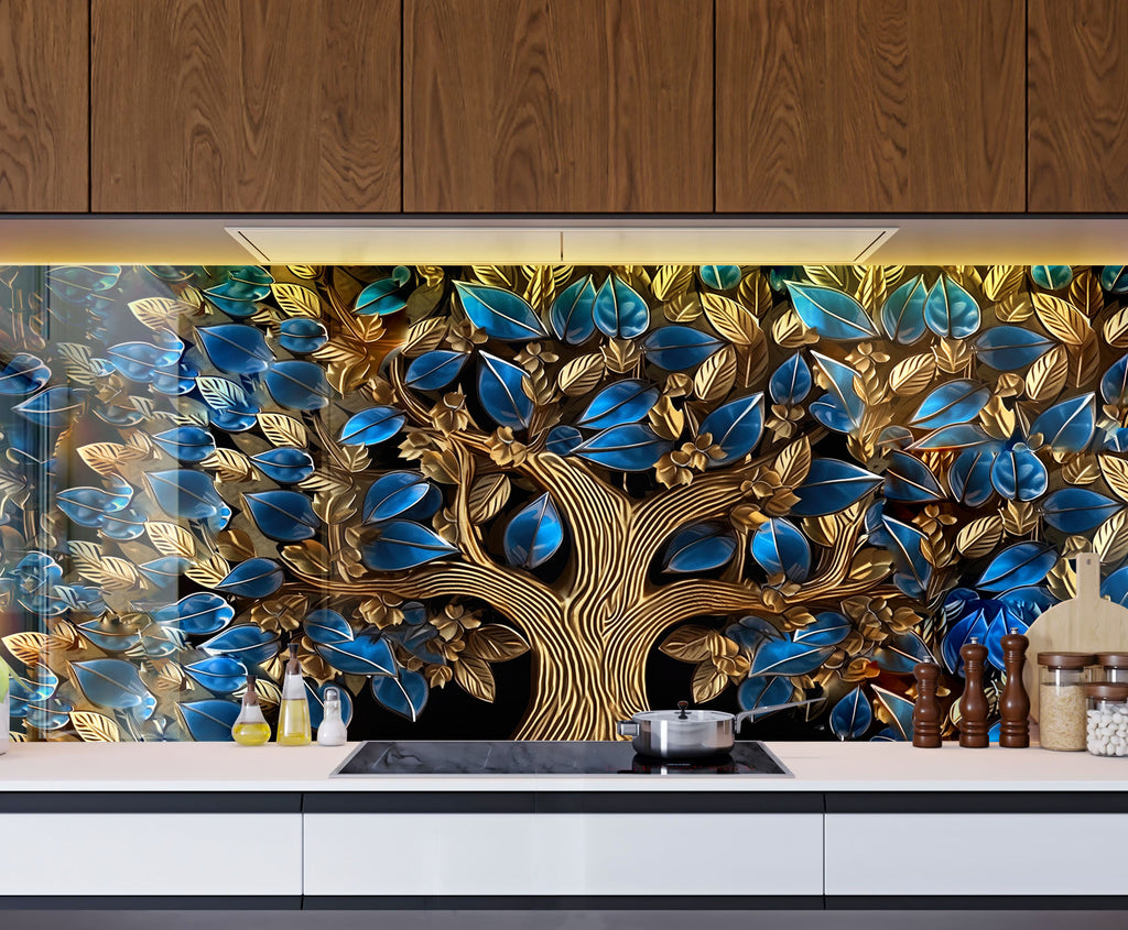 Golden Sapphire Tree - Glass Kitchen Backsplash-BacksplashArtworks
