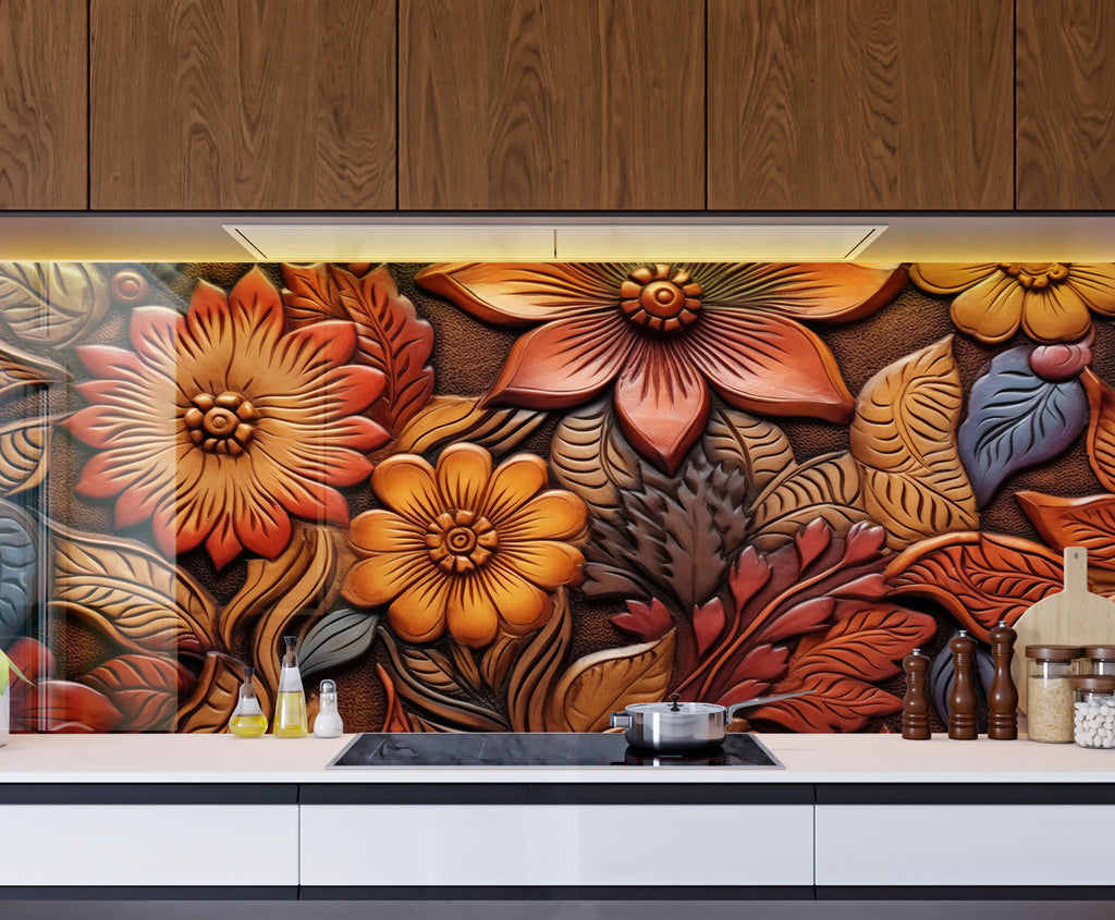 Autumn Blossom Engraved - Glass Kitchen Backsplash-BacksplashArtworks