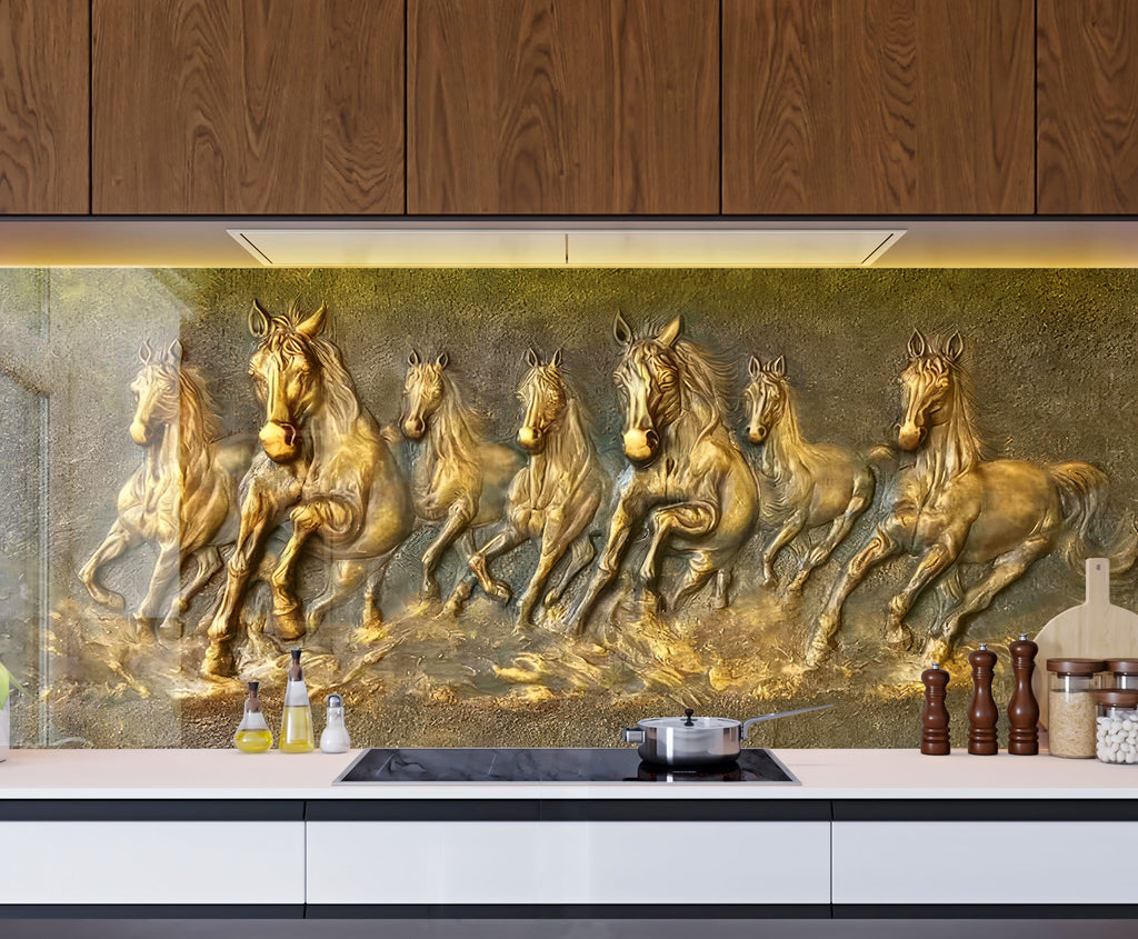 Golden Horses - Glass Kitchen Backsplash-BacksplashArtworks
