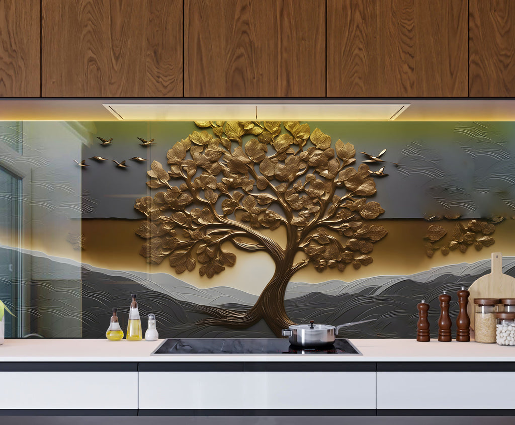 Golden Tree of Life - Glass Kitchen Backsplash-BacksplashArtworks