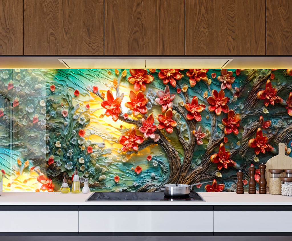Blossoming Sunrise Tree - Glass Kitchen Backsplash-BacksplashArtworks