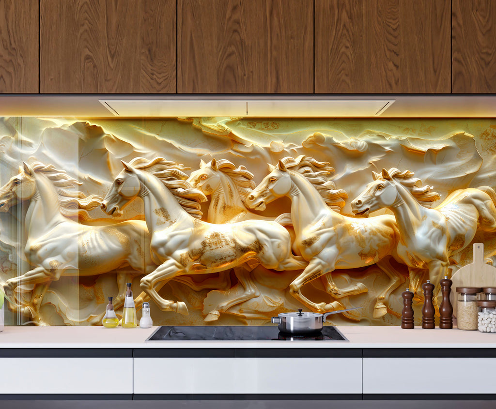Golden Stallion Majesty - Embossed Glass Kitchen Backsplash-BacksplashArtworks