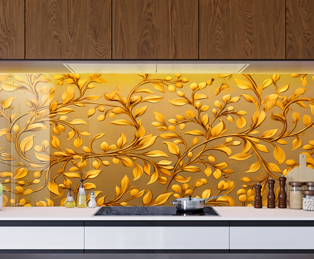 Golden Vine Elegance - Glass Kitchen Backsplash-BacksplashArtworks