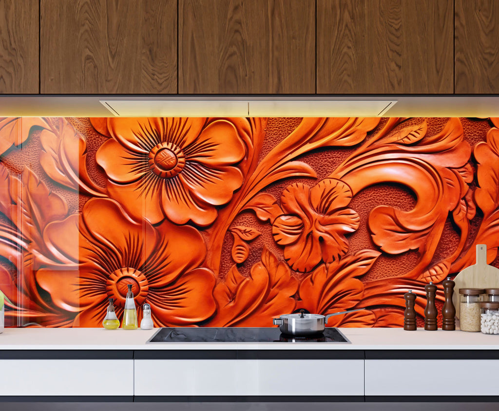 Fiery Floral Engraving - Glass Kitchen Backsplash-BacksplashArtworks