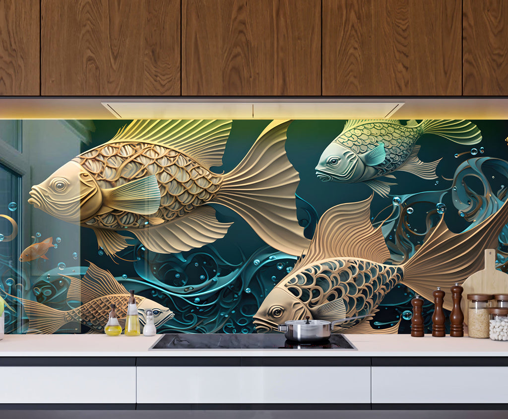 Gold & Blue Fish – Glass Kitchen Backsplash-BacksplashArtworks