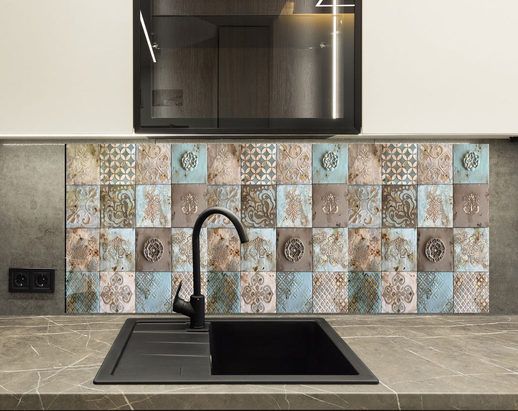 Tempered Glass Kitchen Backsplash with Vintage Tile Design and Gas Stove-BacksplashArtworks