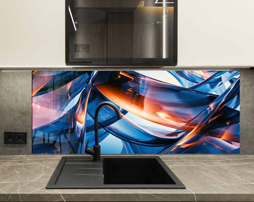 Blue Abstract Elegance – Glass Kitchen Backsplash-BacksplashArtworks