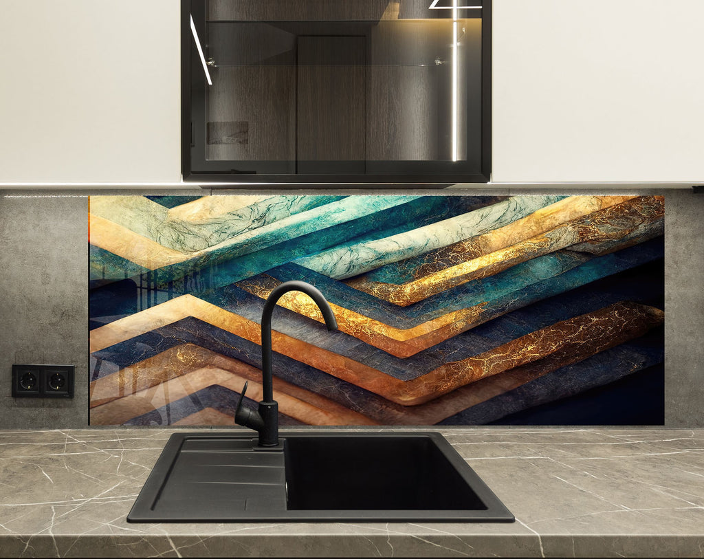 Golden Flow – Luxurious - Glass Kitchen Backsplash-BacksplashArtworks