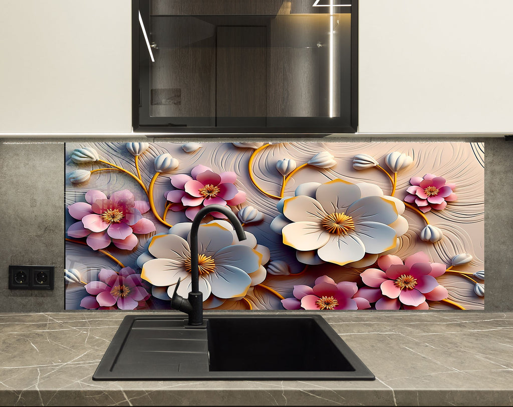 Blush & Ivory Floral Elegance - Glass Kitchen Backsplash-BacksplashArtworks
