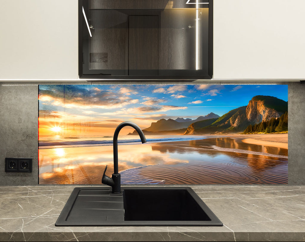 Majestic Mountain Beach Sunset Wall Art – Tempered Glass Kitchen Backsplash-BacksplashArtworks