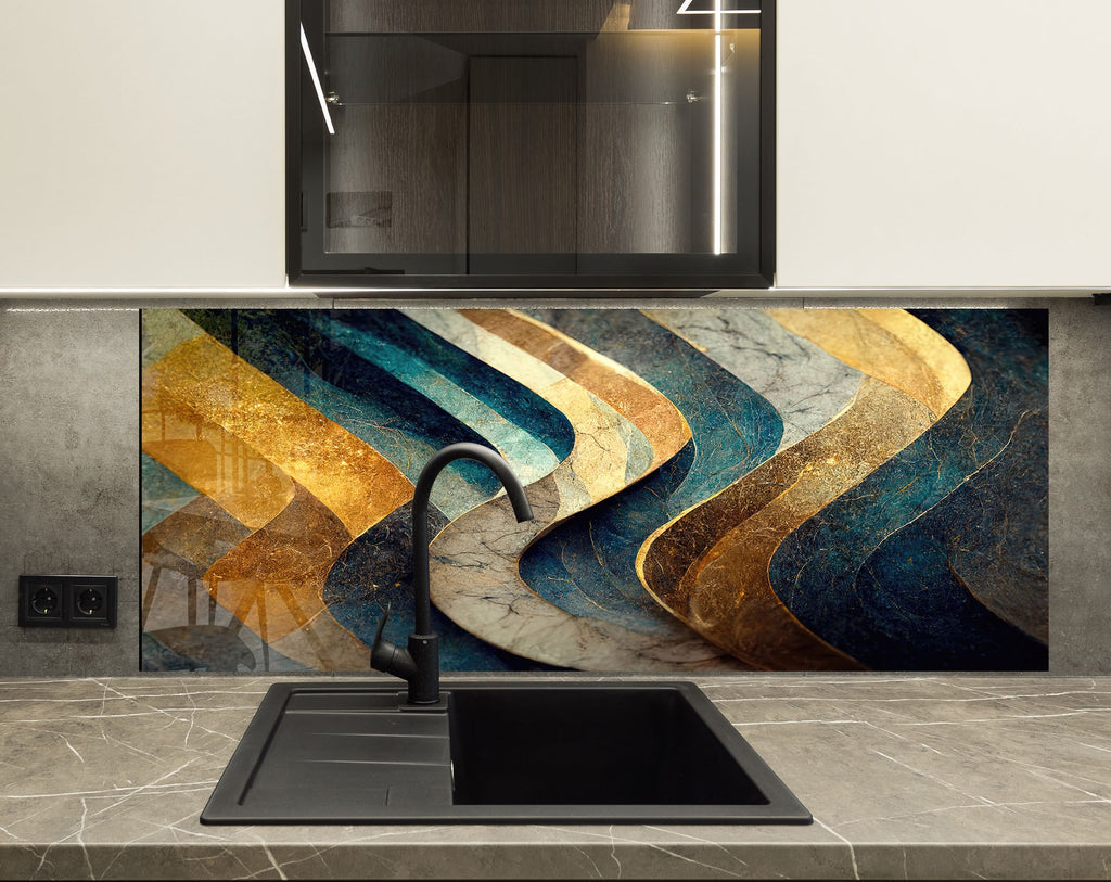Elegant Navy & Gold - Glass Kitchen Backsplash-BacksplashArtworks