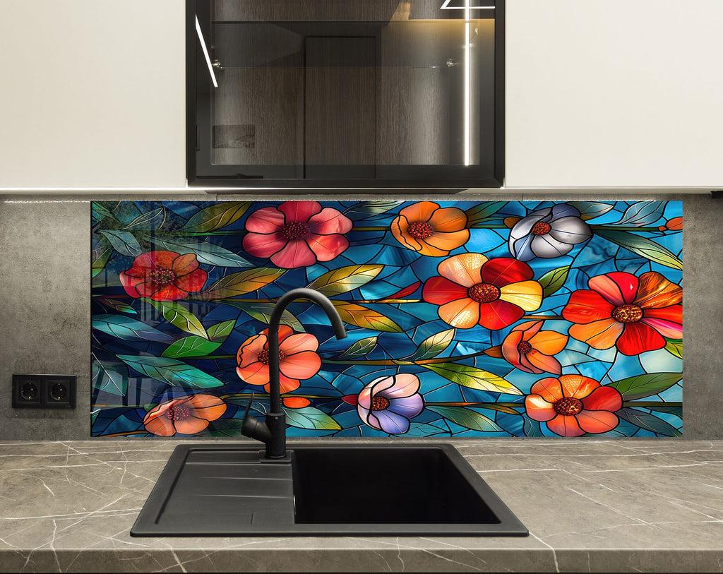 Stained Glass Garden - Glass Kitchen Backsplash-BacksplashArtworks