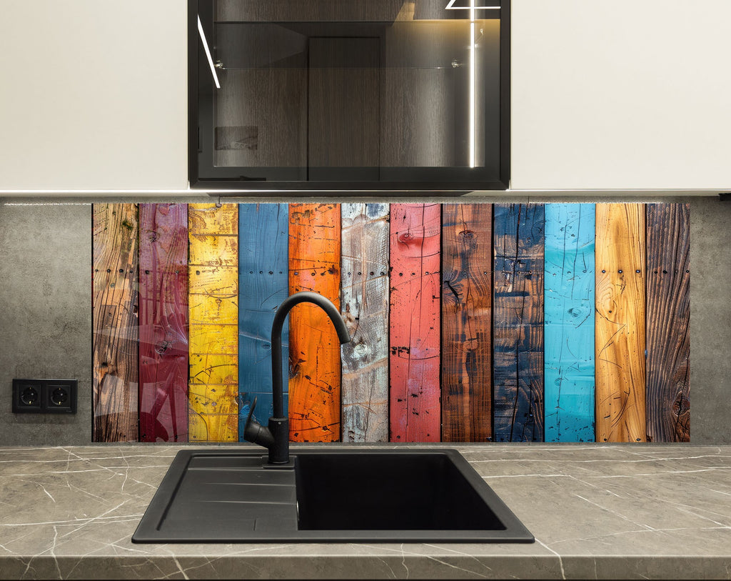 Colorful Wood Panel - Glass Kitchen Backsplash-BacksplashArtworks