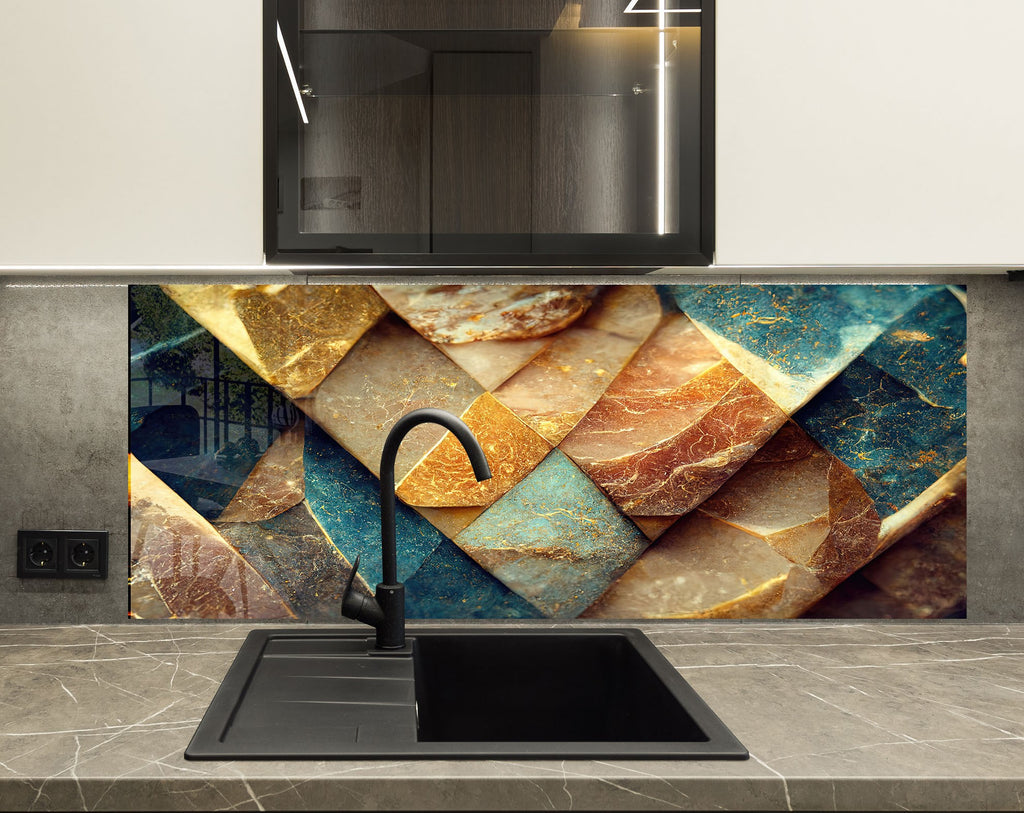 Golden Marble Elegance – Luxurious - Glass Kitchen Backsplash-BacksplashArtworks