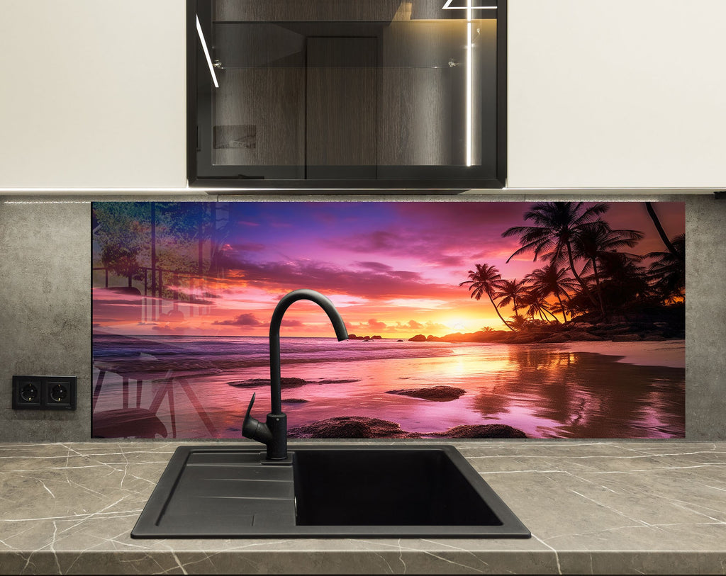 Tropical Sunset Beach Wall Art – Tempered Glass Kitchen Backsplash-BacksplashArtworks