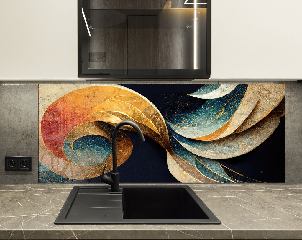 Abstract Gold & Blue - Glass Kitchen Backsplash-BacksplashArtworks