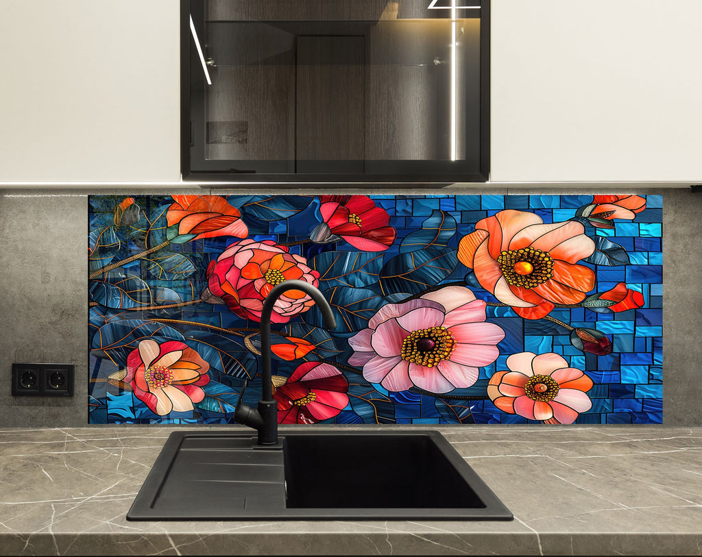 Stained Glass Floral Art - Glass Kitchen Backsplash-BacksplashArtworks