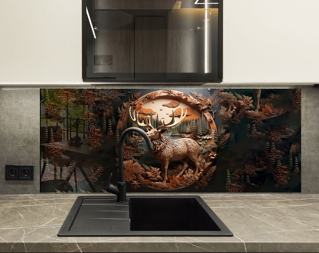 Deer Forest - Tempered Glass Kitchen Backsplash-BacksplashArtworks