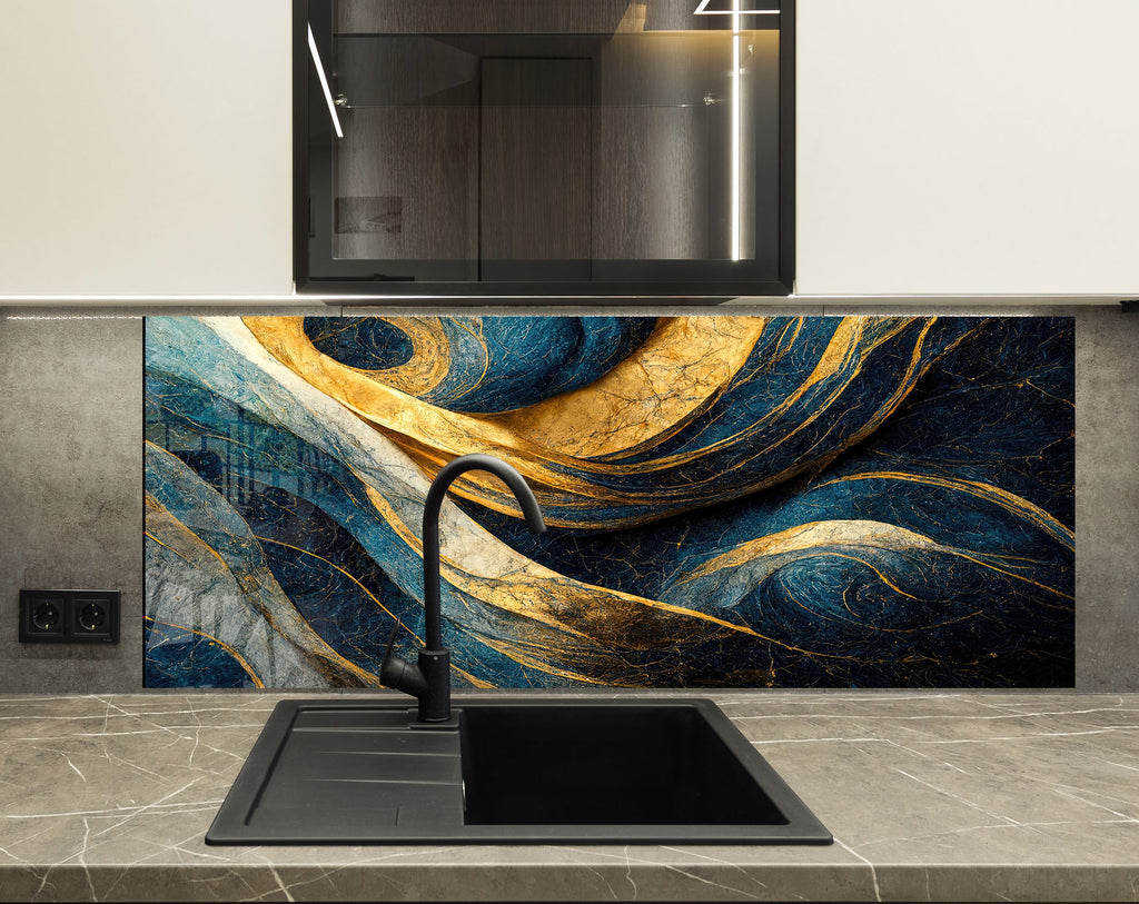 Navy & Gold Swirl - Glass Kitchen Backsplash-BacksplashArtworks