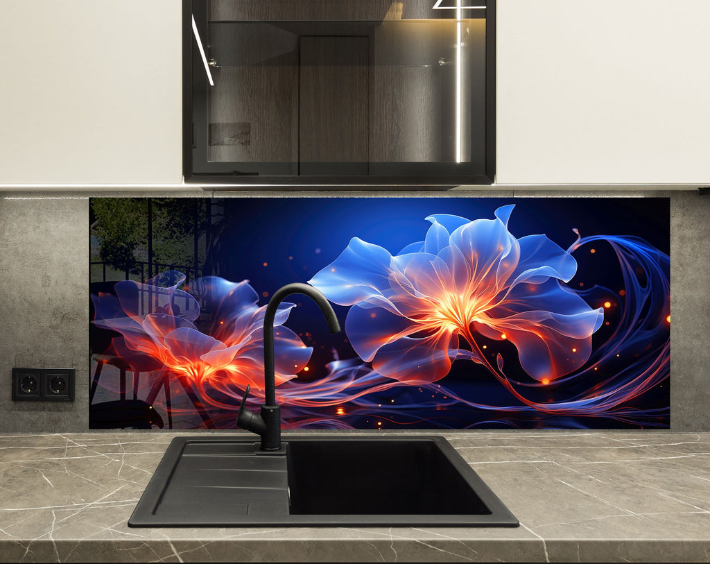 Glowing Neon Floral Art - Glass Kitchen Backsplash-BacksplashArtworks