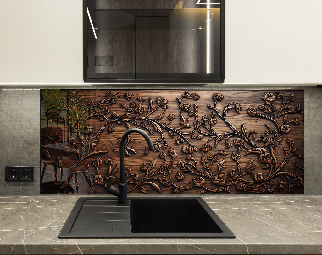 Rustic Elegance: Engraved Floral - Glass Kitchen Backsplash-BacksplashArtworks