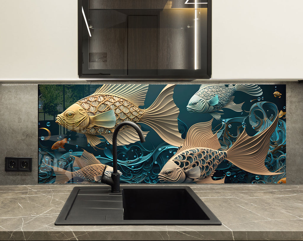 Gold & Blue Fish – Glass Kitchen Backsplash-BacksplashArtworks