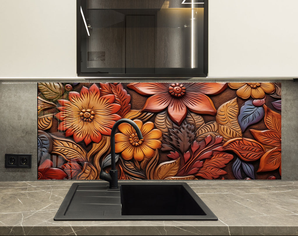 Autumn Blossom Engraved - Glass Kitchen Backsplash-BacksplashArtworks