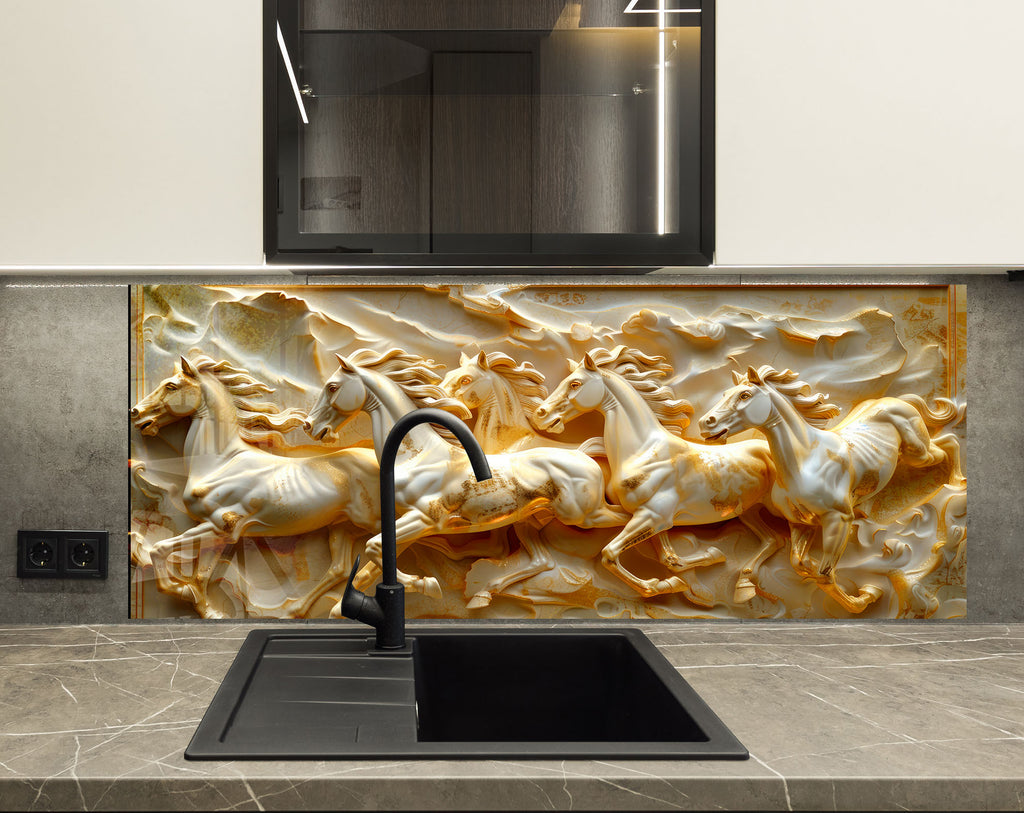 Golden Stallion Majesty - Embossed Glass Kitchen Backsplash-BacksplashArtworks