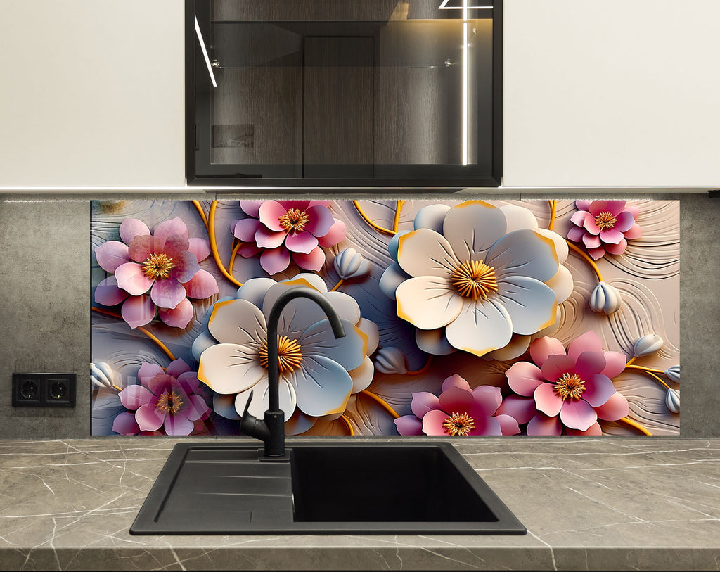 Soft Bloom Elegance - Glass Kitchen Backsplash-BacksplashArtworks