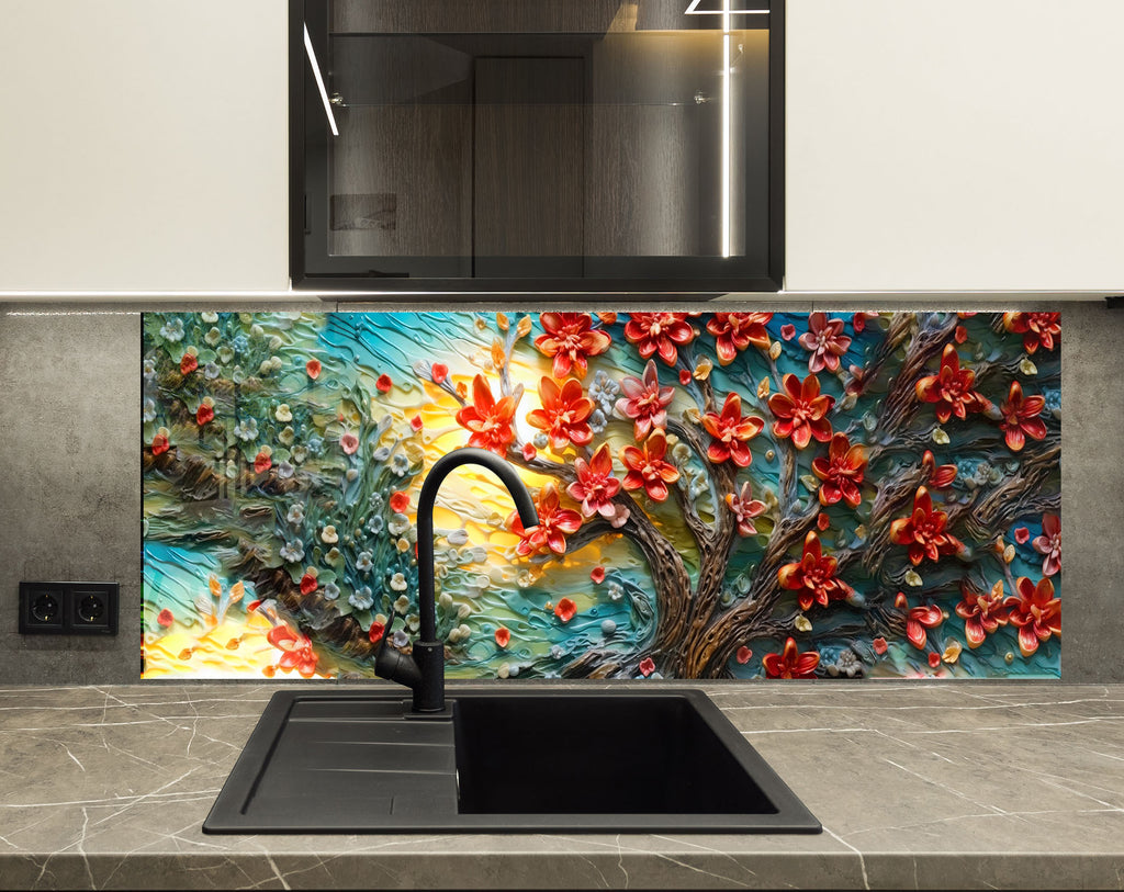 Blossoming Sunrise Tree - Glass Kitchen Backsplash-BacksplashArtworks