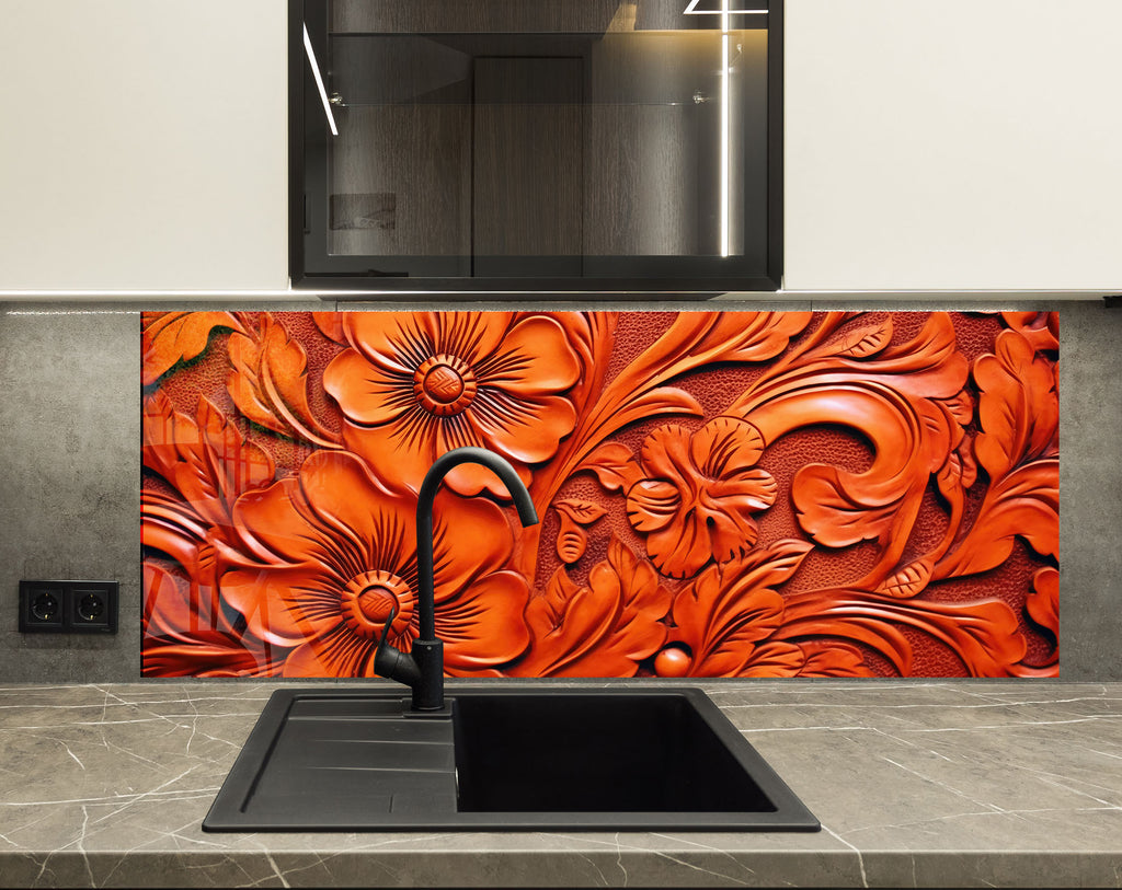 Fiery Floral Engraving - Glass Kitchen Backsplash-BacksplashArtworks