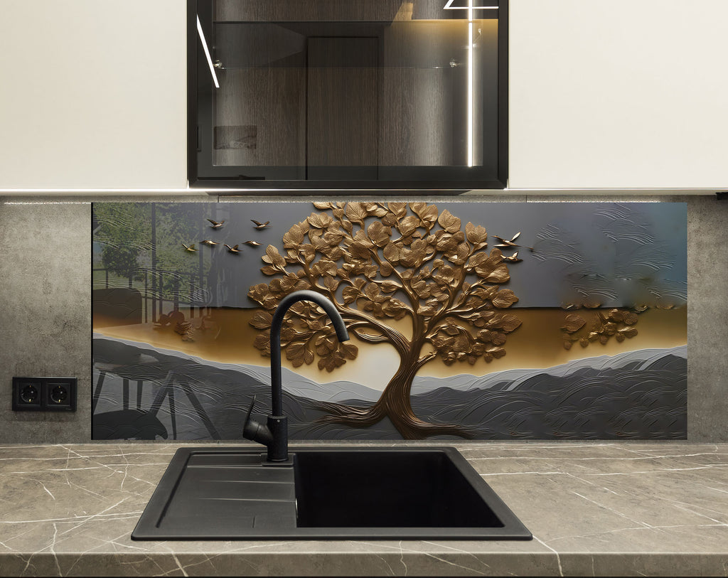 Golden Tree of Life - Glass Kitchen Backsplash-BacksplashArtworks