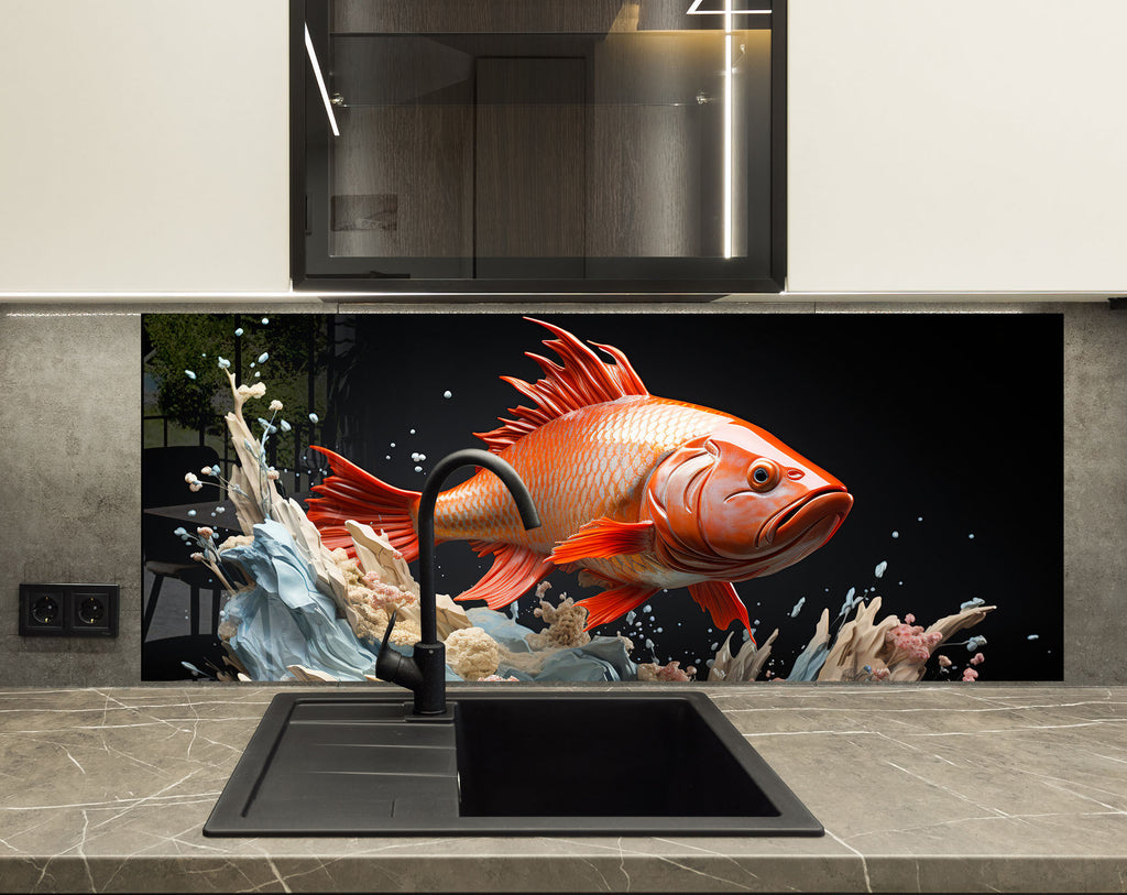 Golden Fish – Glass Kitchen Backsplash-BacksplashArtworks