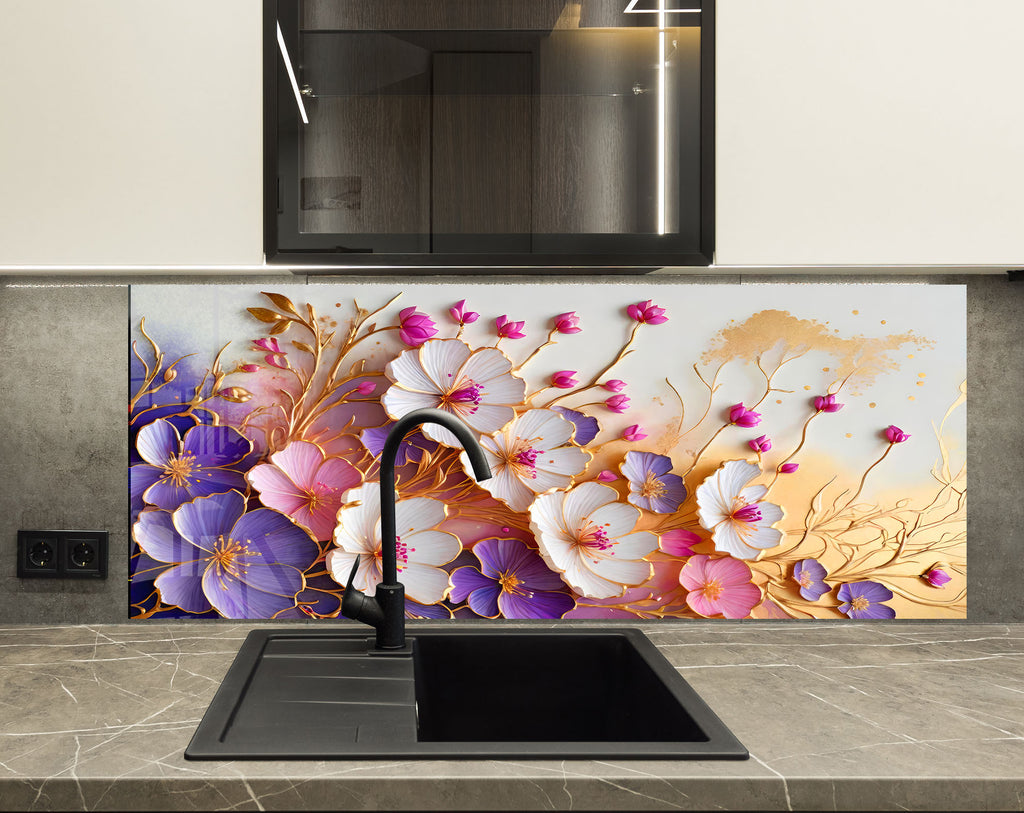 Golden Blossom Elegance - Glass Kitchen Backsplash-BacksplashArtworks