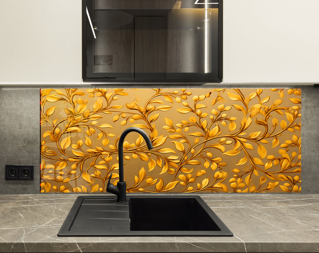 Golden Vine Elegance - Glass Kitchen Backsplash-BacksplashArtworks
