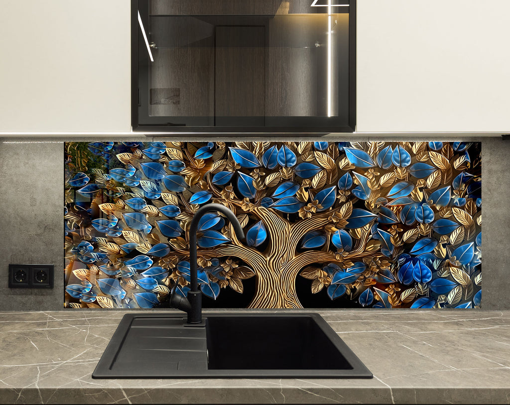 Golden Sapphire Tree - Glass Kitchen Backsplash-BacksplashArtworks