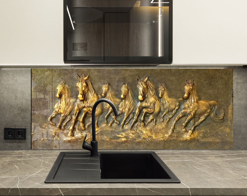 Golden Horses - Glass Kitchen Backsplash-BacksplashArtworks
