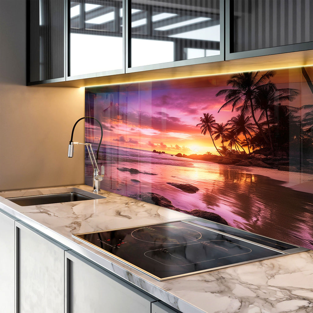 Tropical Sunset Beach Wall Art – Tempered Glass Kitchen Backsplash-BacksplashArtworks