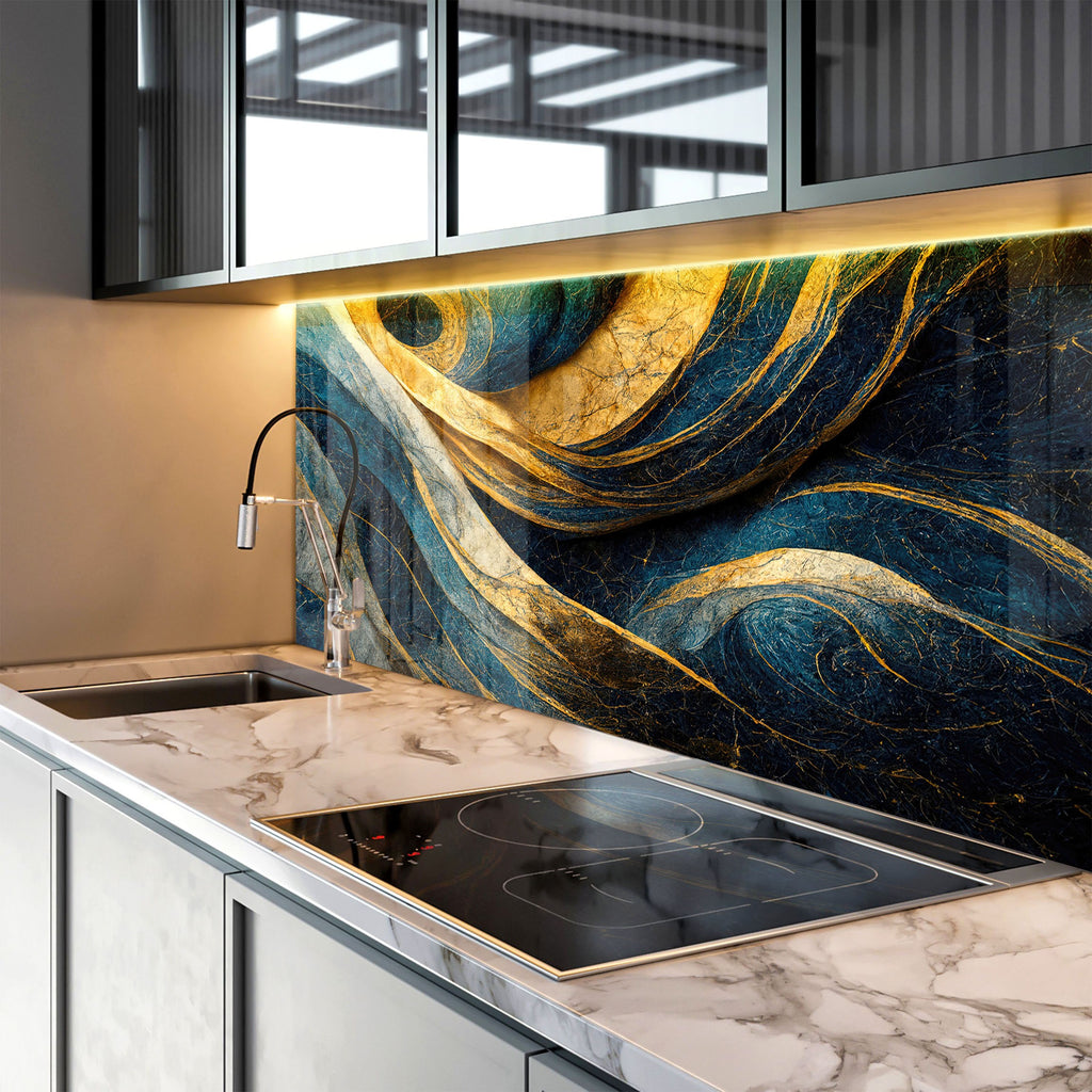 Navy & Gold Swirl - Glass Kitchen Backsplash-BacksplashArtworks