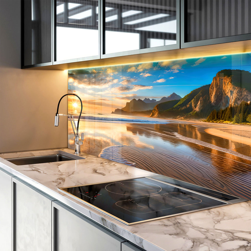 Majestic Mountain Beach Sunset Wall Art – Tempered Glass Kitchen Backsplash-BacksplashArtworks