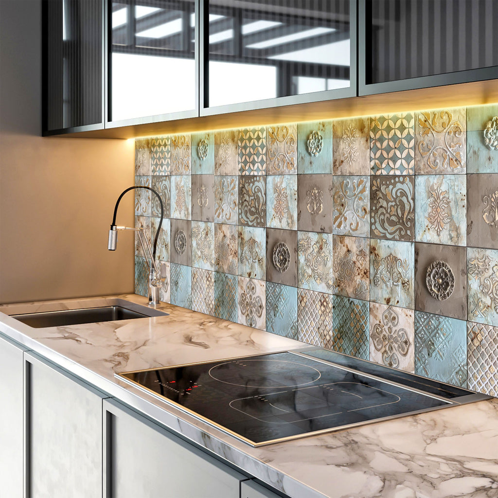 Tempered Glass Kitchen Backsplash with Vintage Tile Design and Gas Stove-BacksplashArtworks