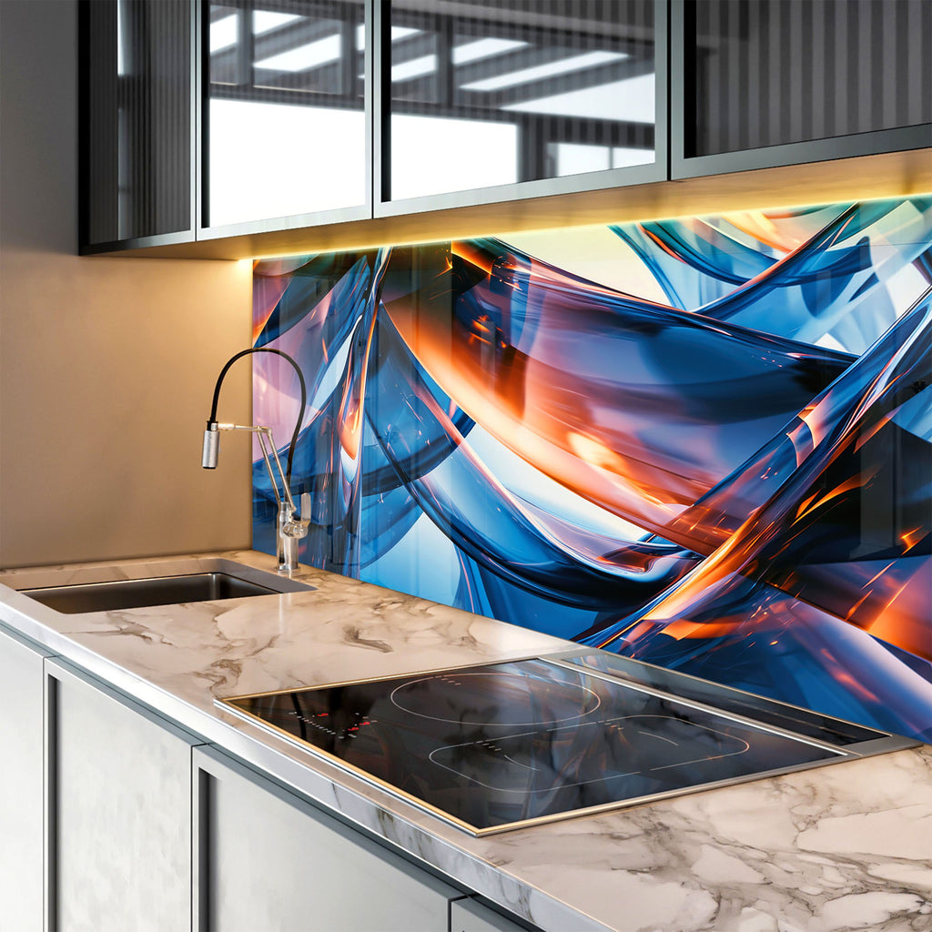 Blue Abstract Elegance – Glass Kitchen Backsplash-BacksplashArtworks